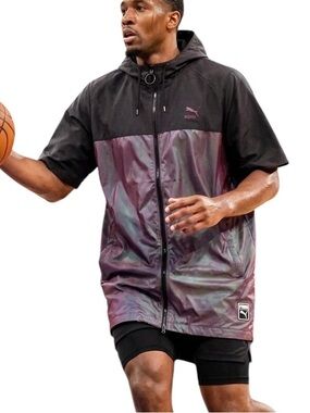PUMA Men’s Colorblock SS Short Sleeve Zip Up Purple Hood Oversized Streetwear XL
